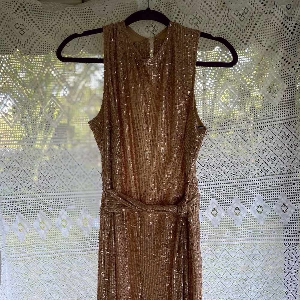 Ladies lined Jumpsuit Bronze color flare legs w/ tie sash - Picture 2 of 15